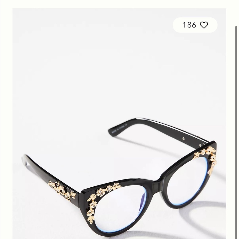 Anthropologie Black Cat-Eye Glasses with Gold Floral Accents